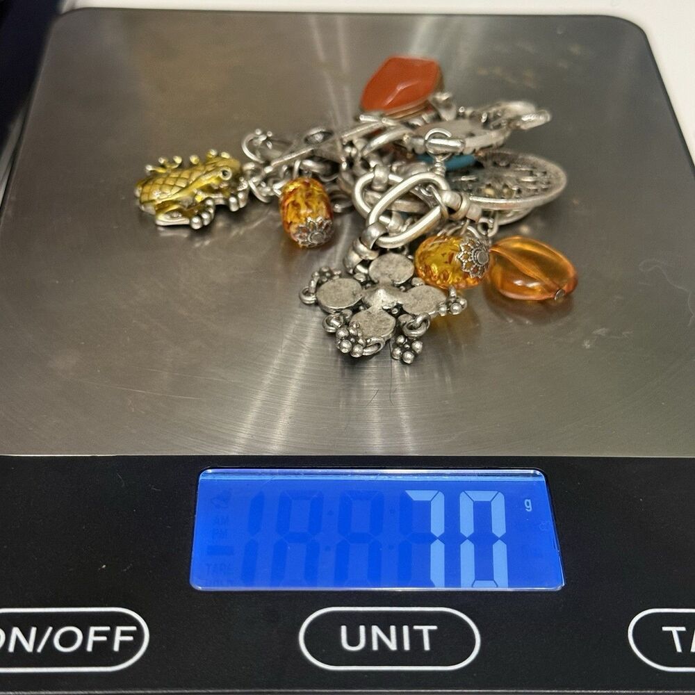 Vintage 925 Sterling Silver Mixed Charm Bracelet Turquoise Amber Frog Turtle 70g - Picture 14 of 14